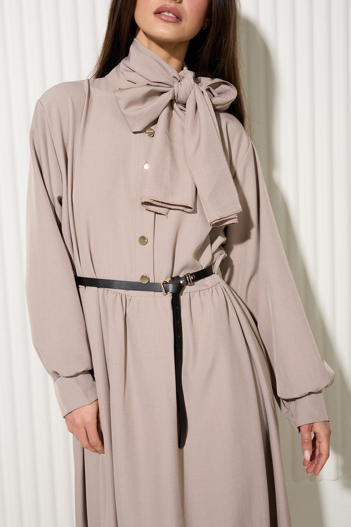Taupe Buttoned Dress with Neck Scarf and Gold Button Detailing