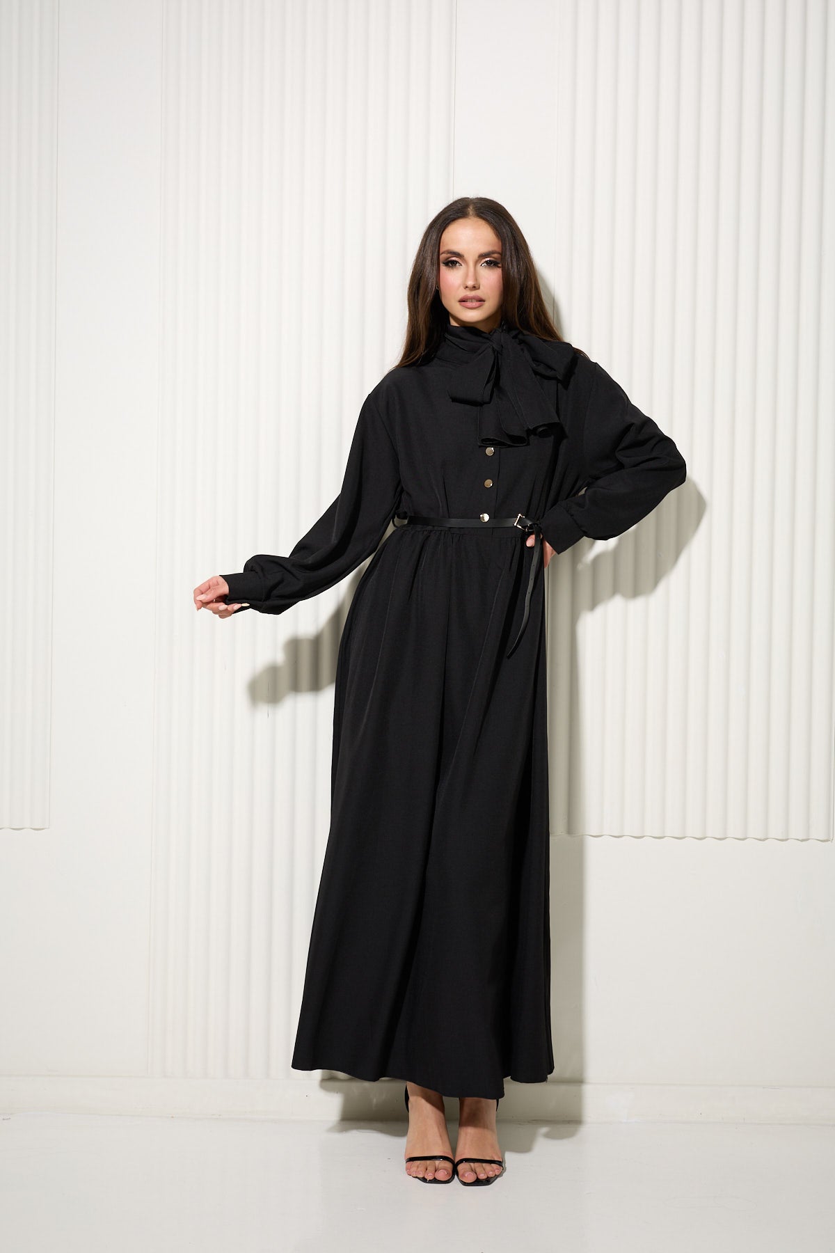 Black Buttoned Dress with Neck Scarf and Gold Button Detailing