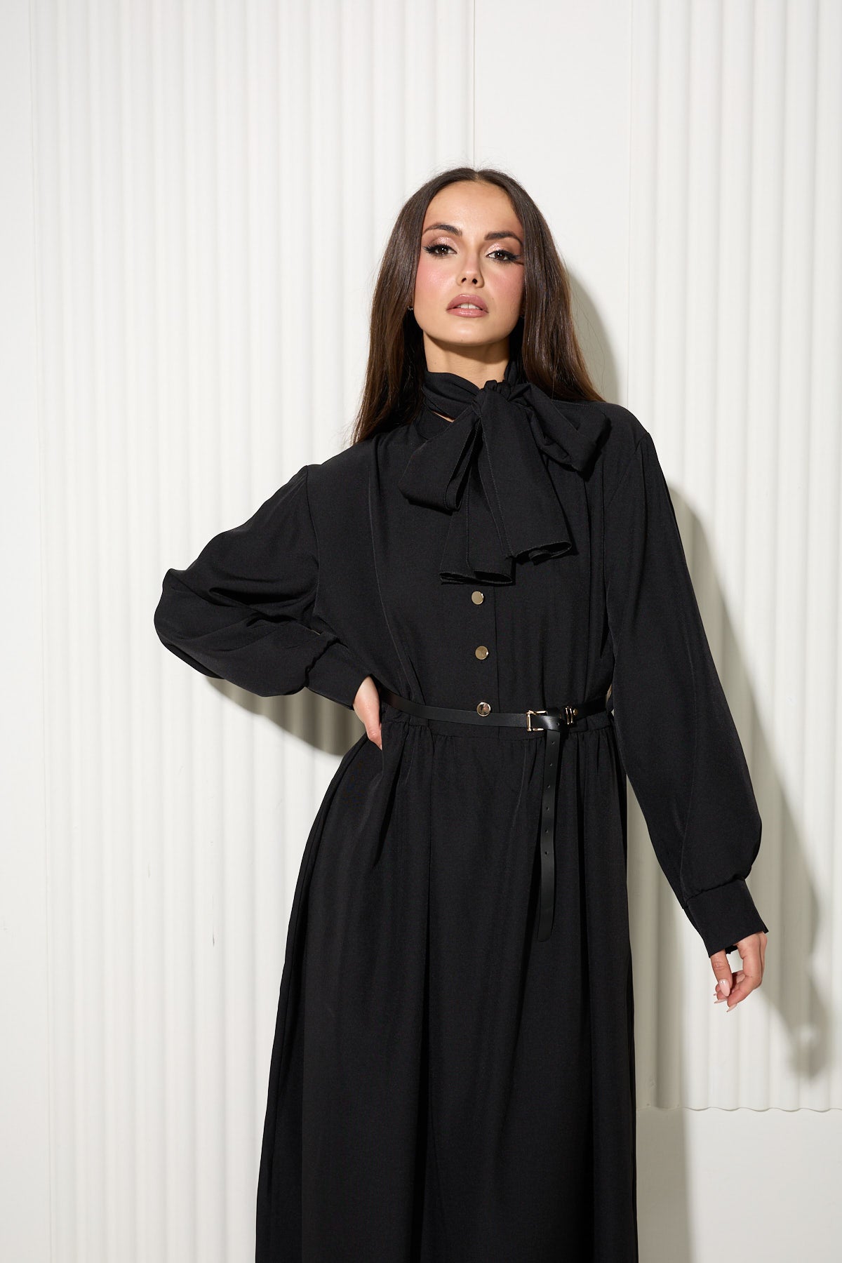 Black Buttoned Dress with Neck Scarf and Gold Button Detailing