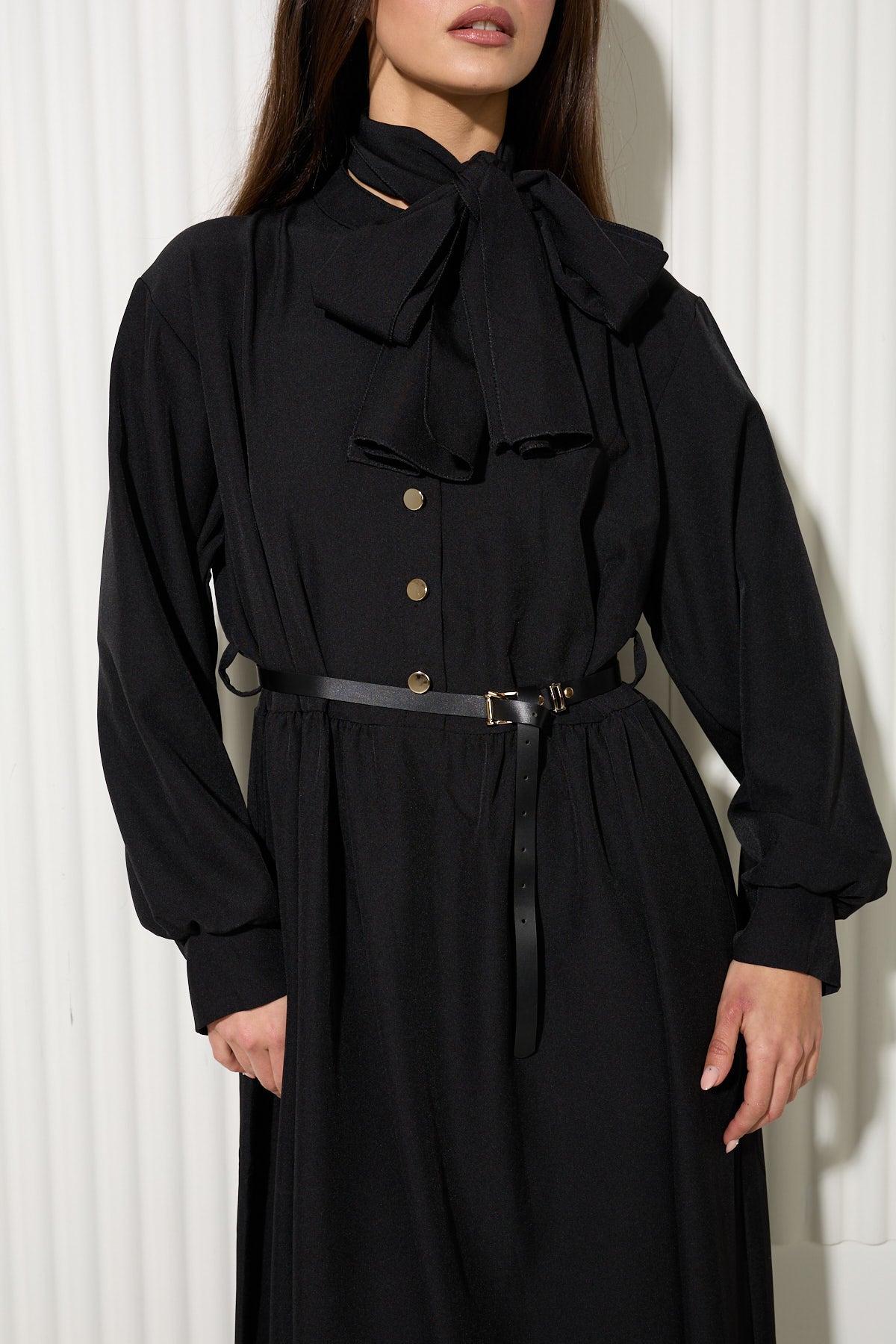 Black Buttoned Dress with Neck Scarf and Gold Button Detailing