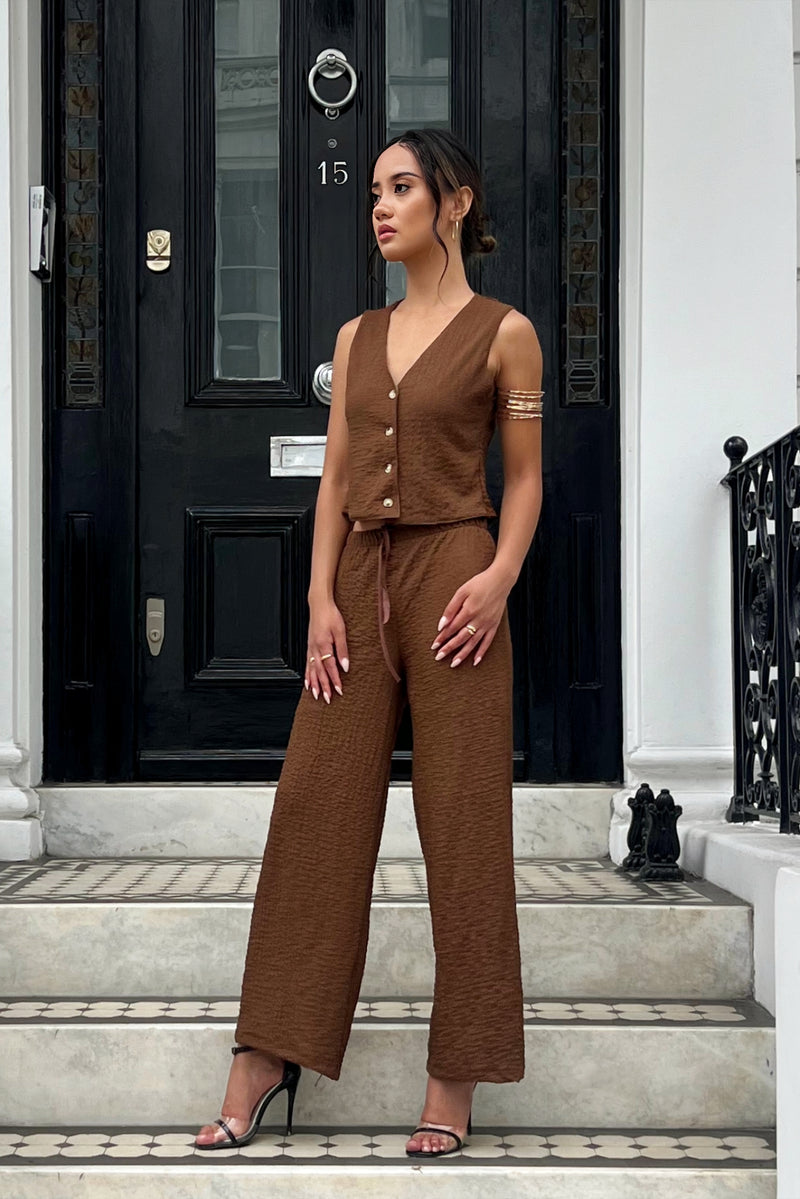 Textured button vest co ord in Brown