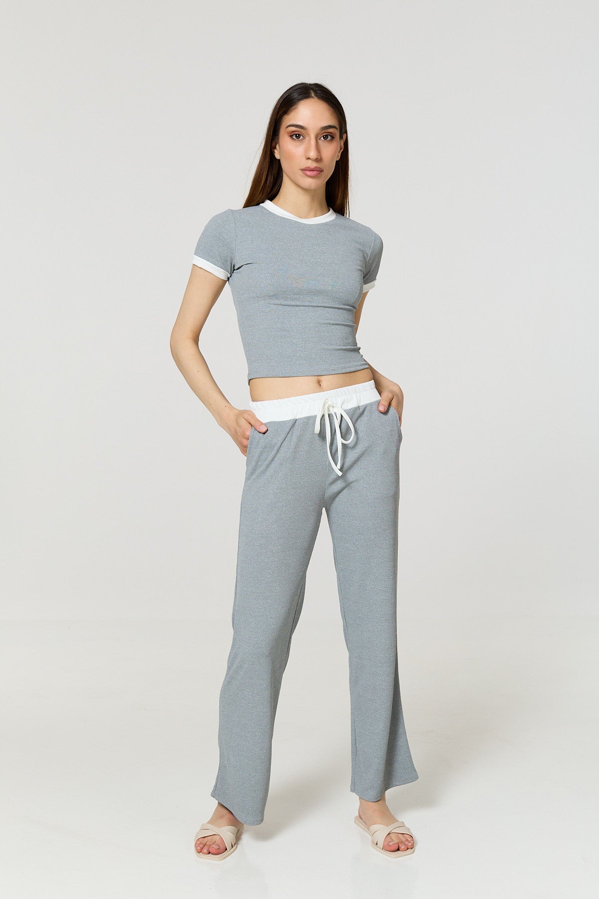Contrast ribbed co-ord in Grey