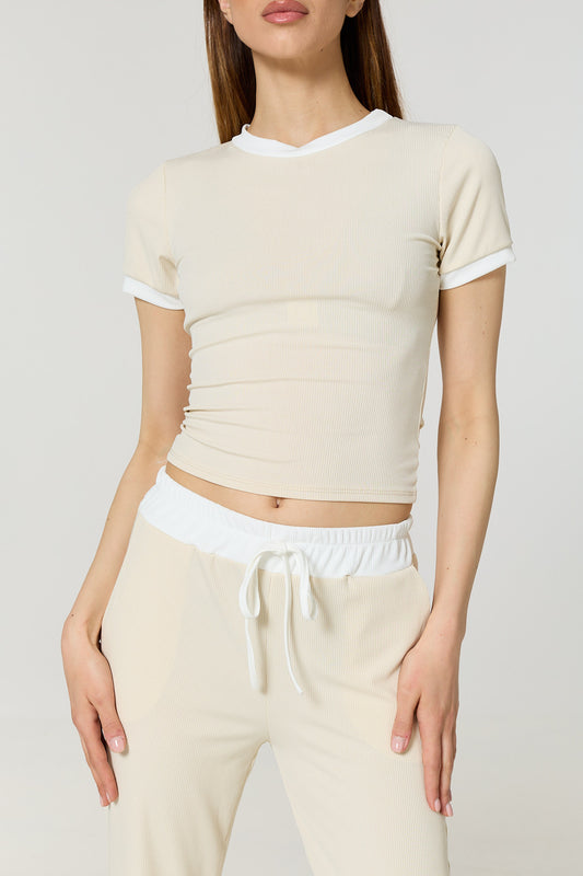 Contrast ribbed co-ord in Beige