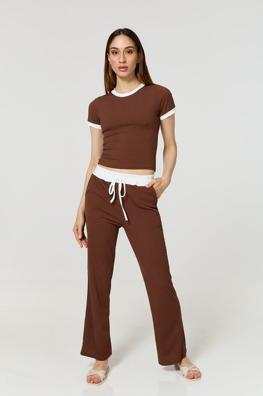 Contrast ribbed co-ord in Brown