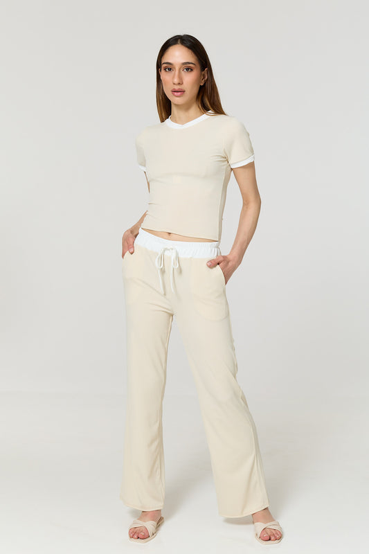 Contrast ribbed co-ord in Beige
