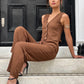 Textured button vest co ord in Brown