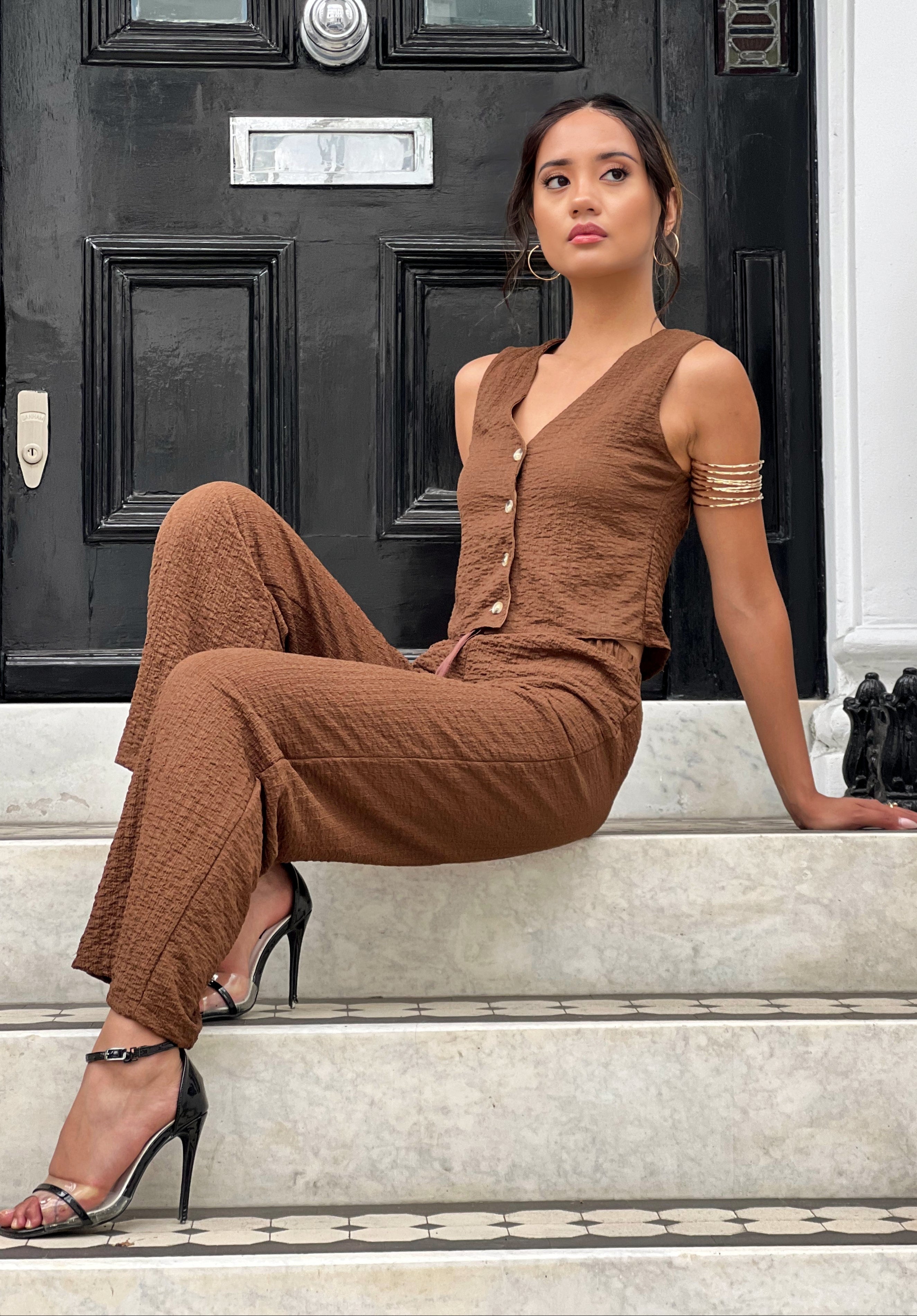 Textured button vest co ord in Brown