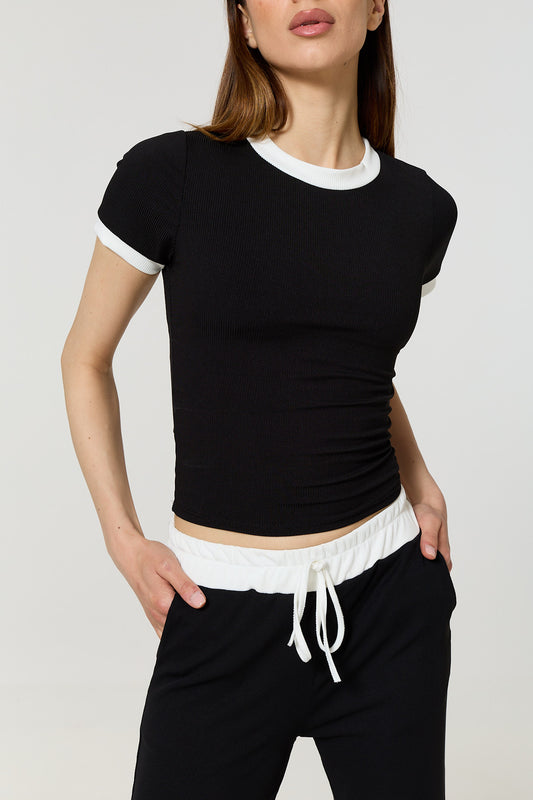 Contrast ribbed co-ord in Black