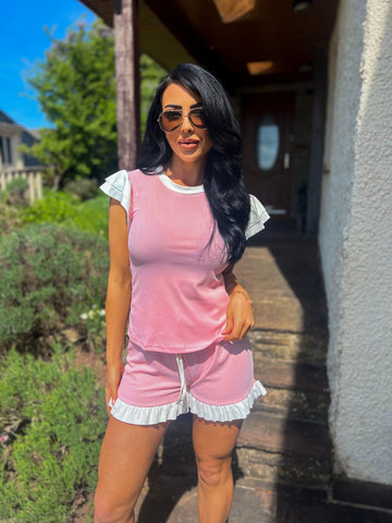 Frill Sleeve Ribbed Short Set