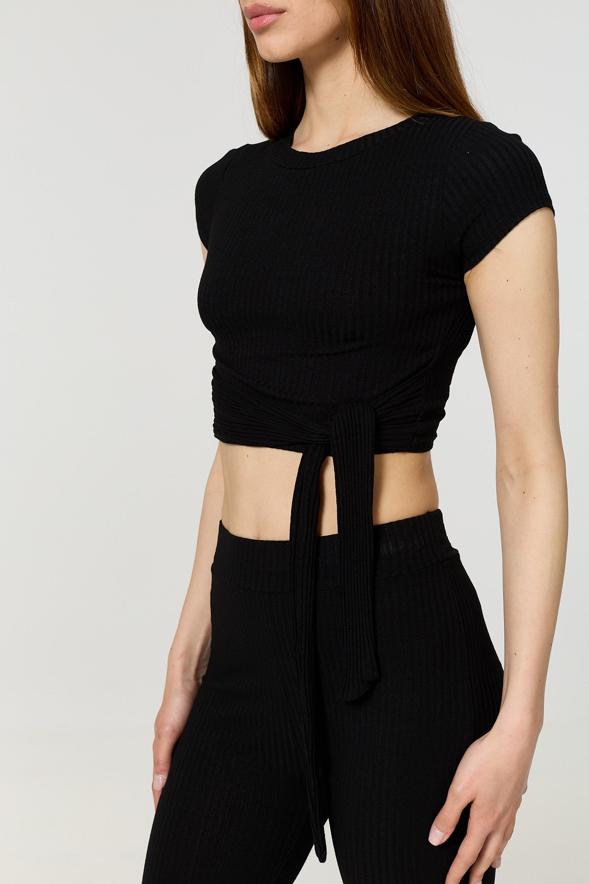 Front knot ribbed co-ord in Black