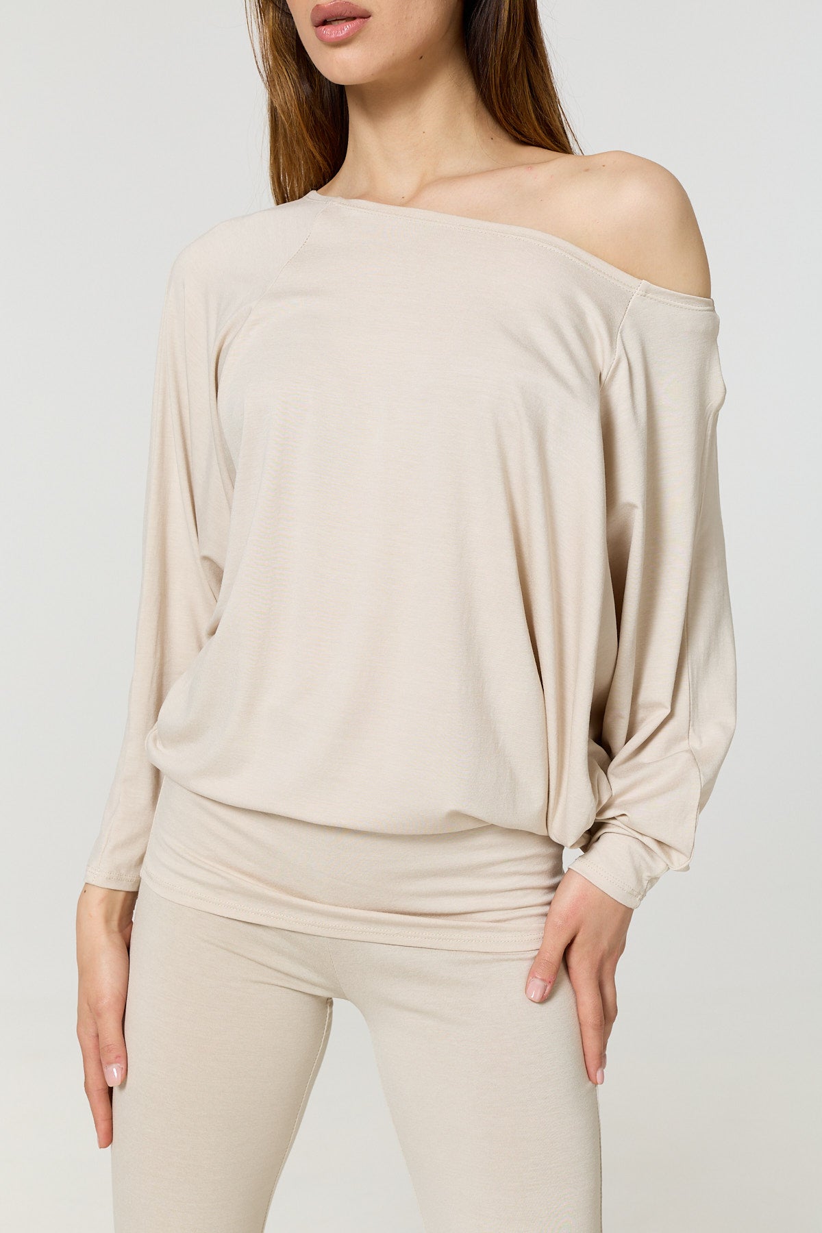 Batwing off the shoulder co-ord in Beige