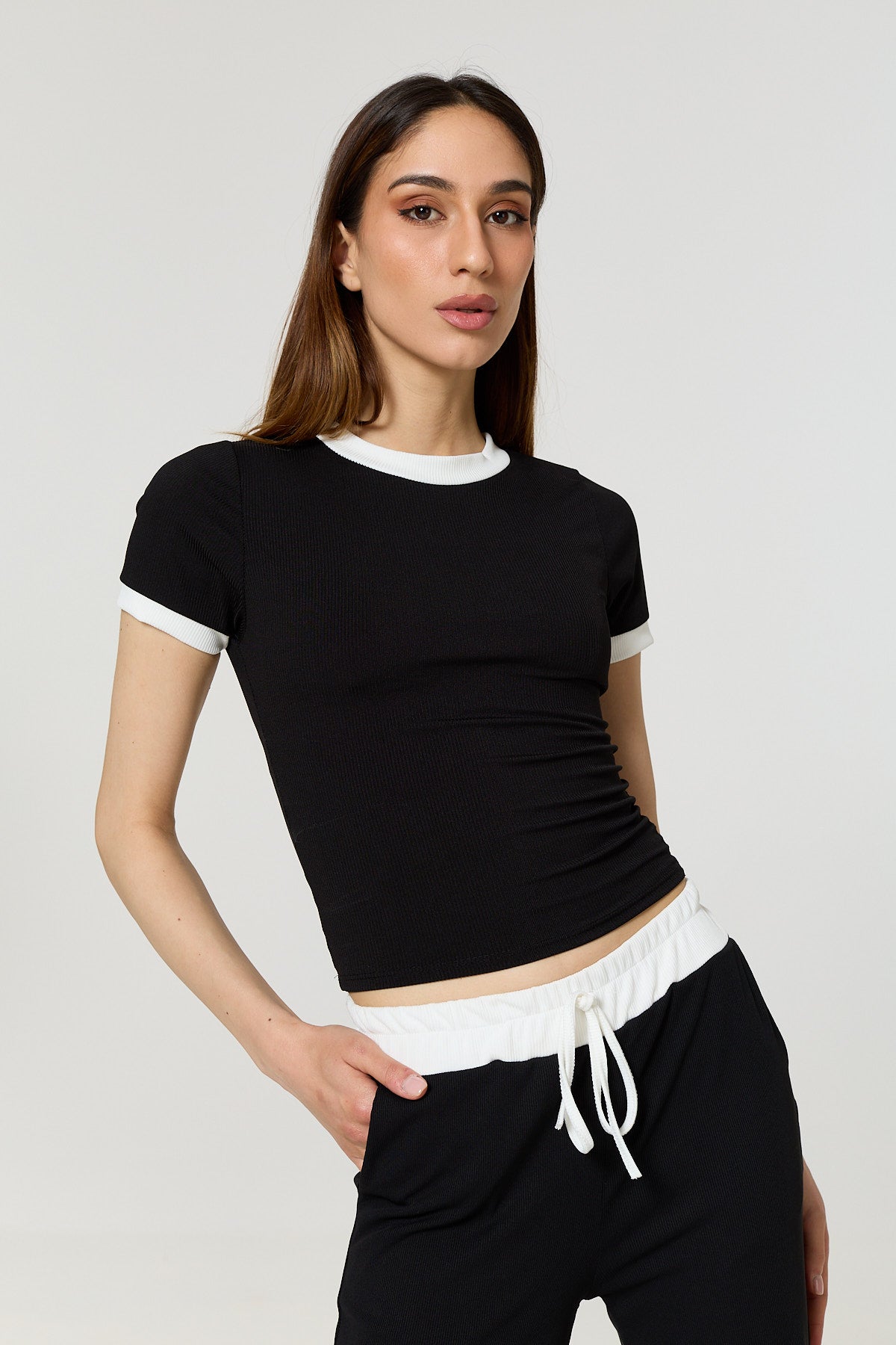 Contrast ribbed co-ord in Black