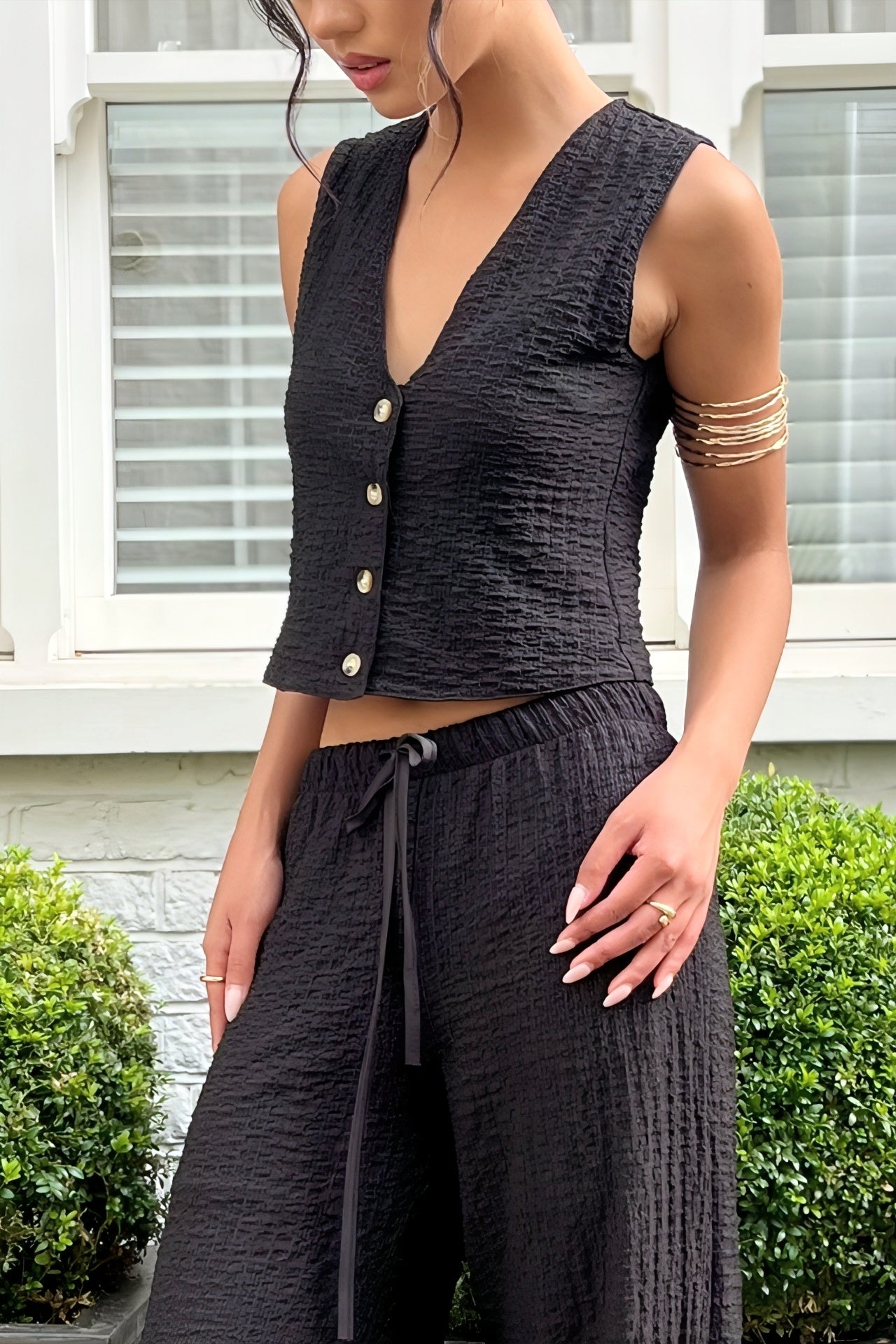 Textured button vest co ord in Black