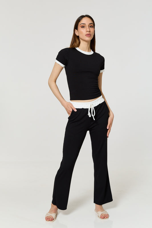 Contrast ribbed co-ord in Black