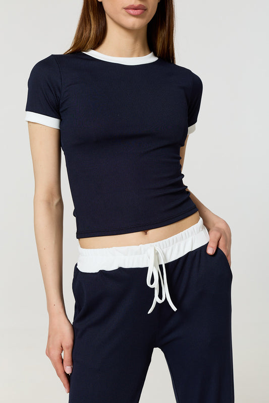 Contrast ribbed co-ord in Navy