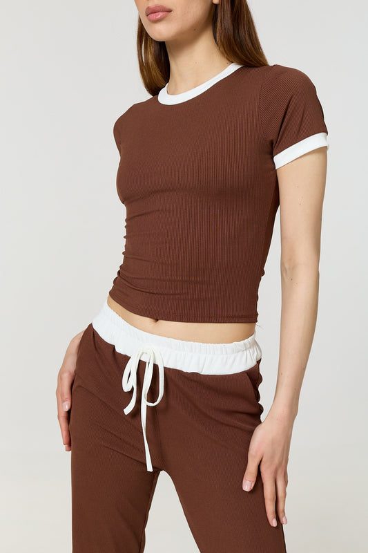 Contrast ribbed co-ord in Brown