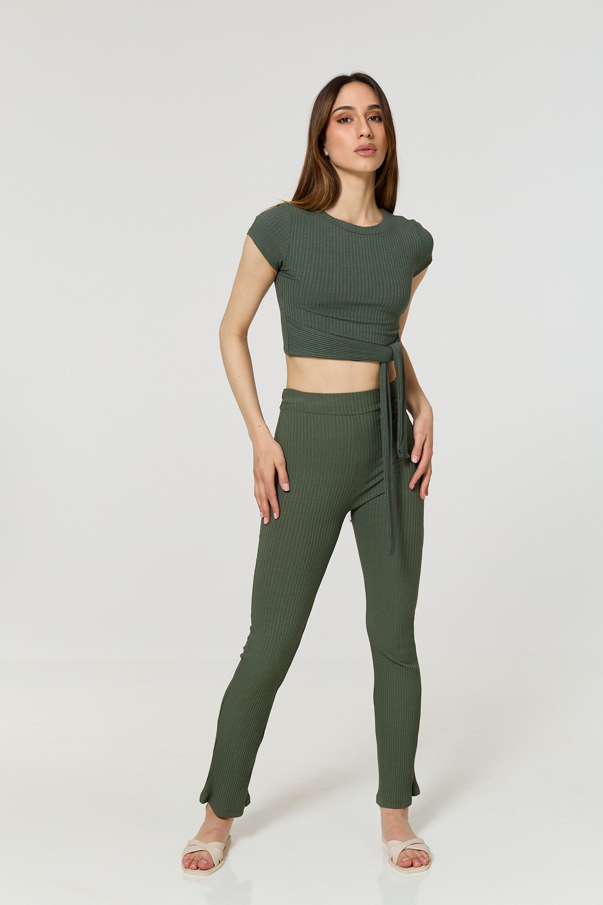 Front knot ribbed co-ord in Khaki