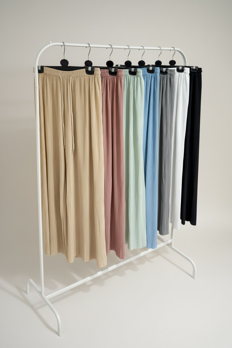 Pleated Plissé Wide Leg Trousers