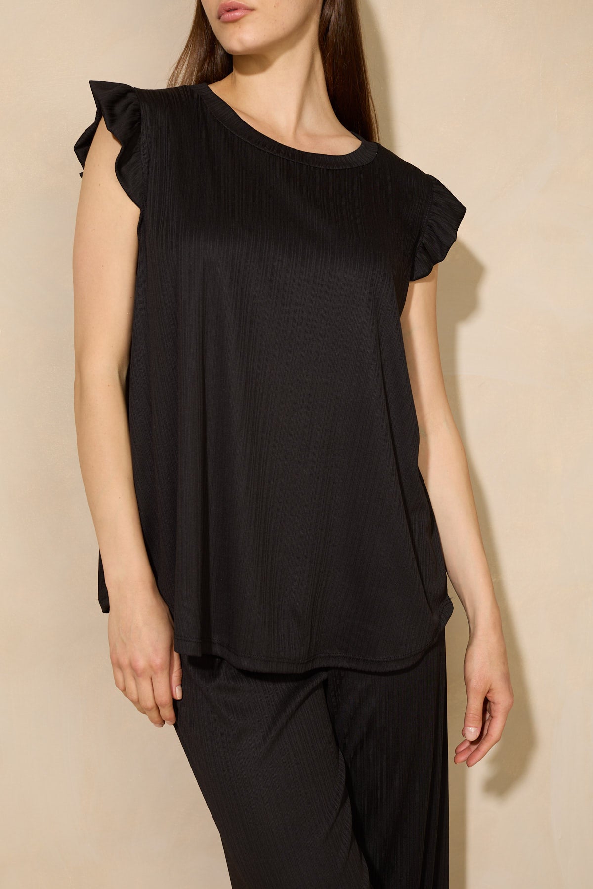 Frill shoulder ribbed co-ord in Black