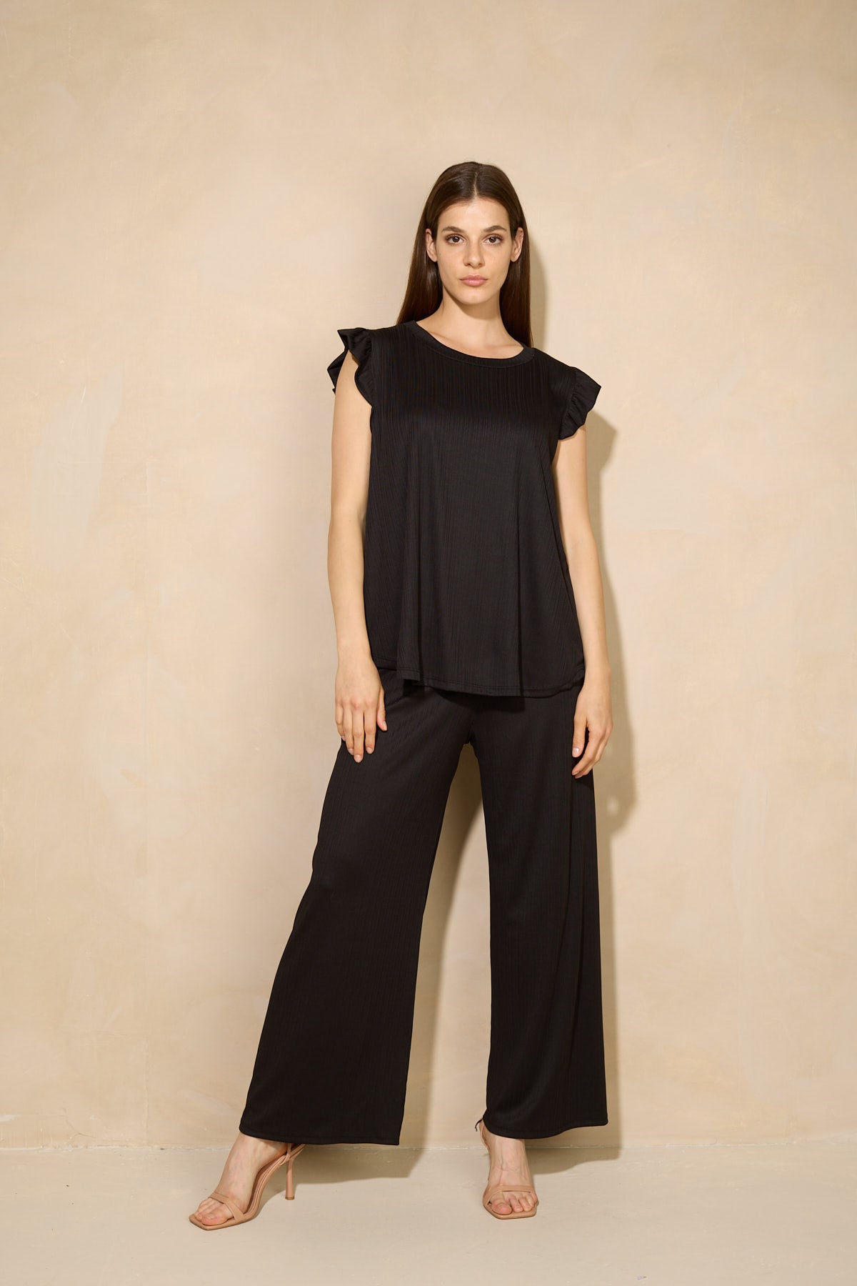 Frill shoulder ribbed co-ord in Black