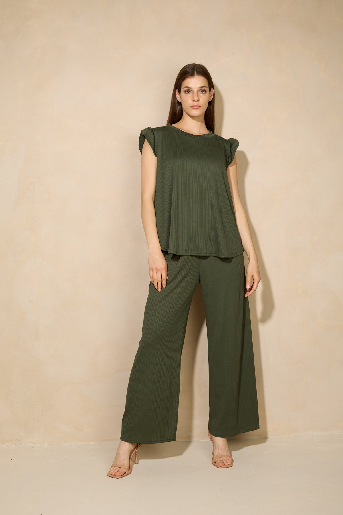 Frill shoulder ribbed co-ord in Green