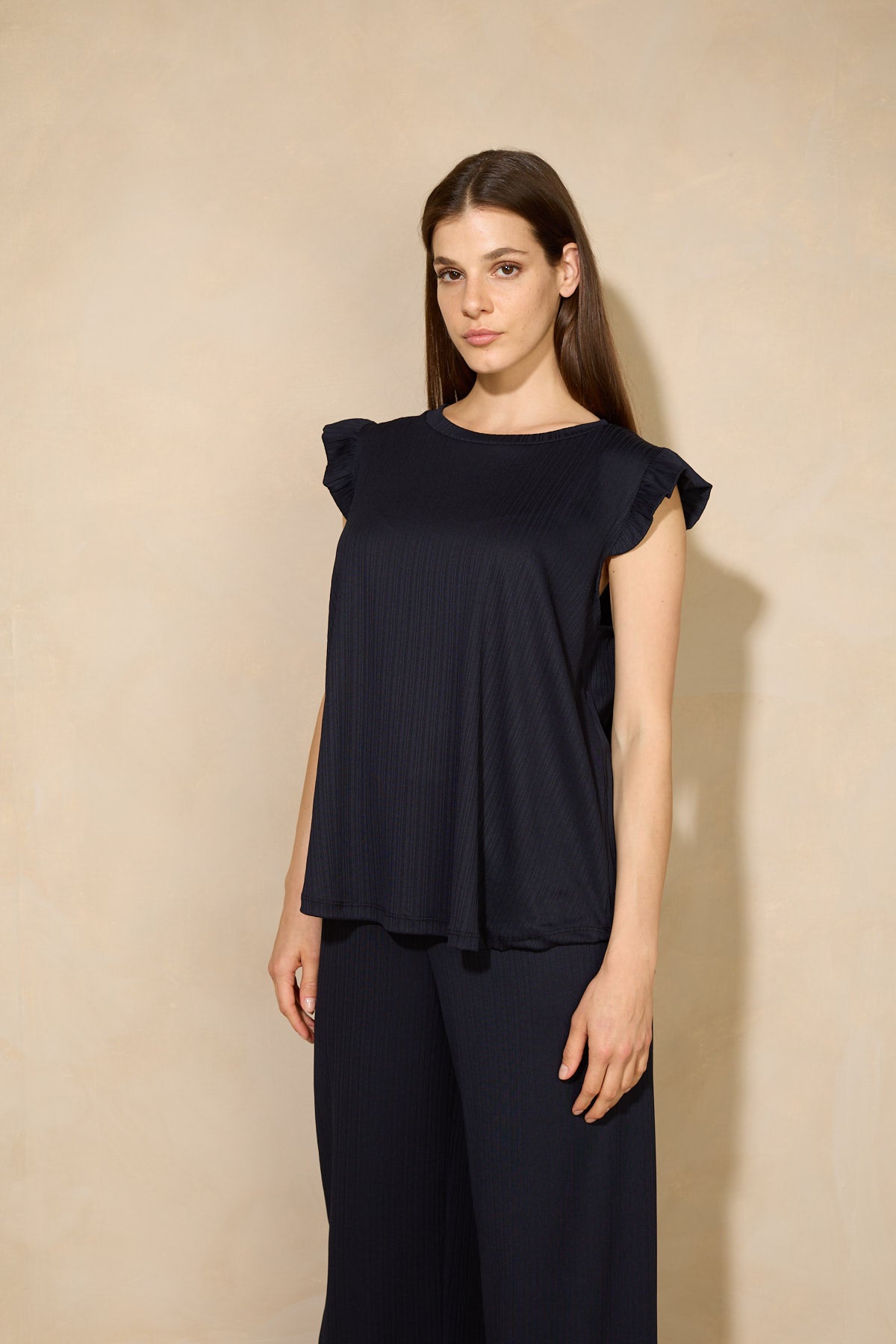 Frill shoulder ribbed co-ord in Navy