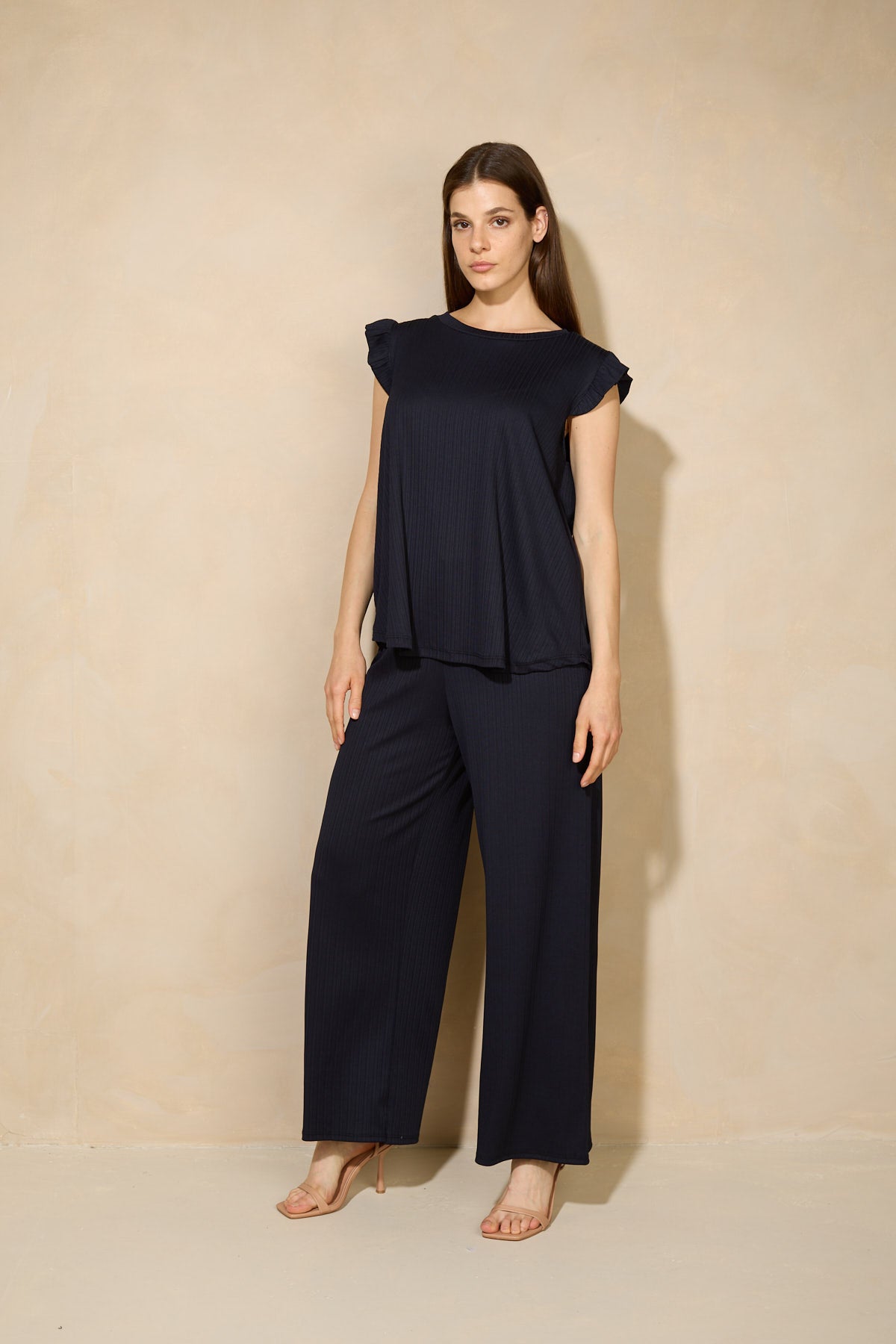 Frill shoulder ribbed co-ord in Navy