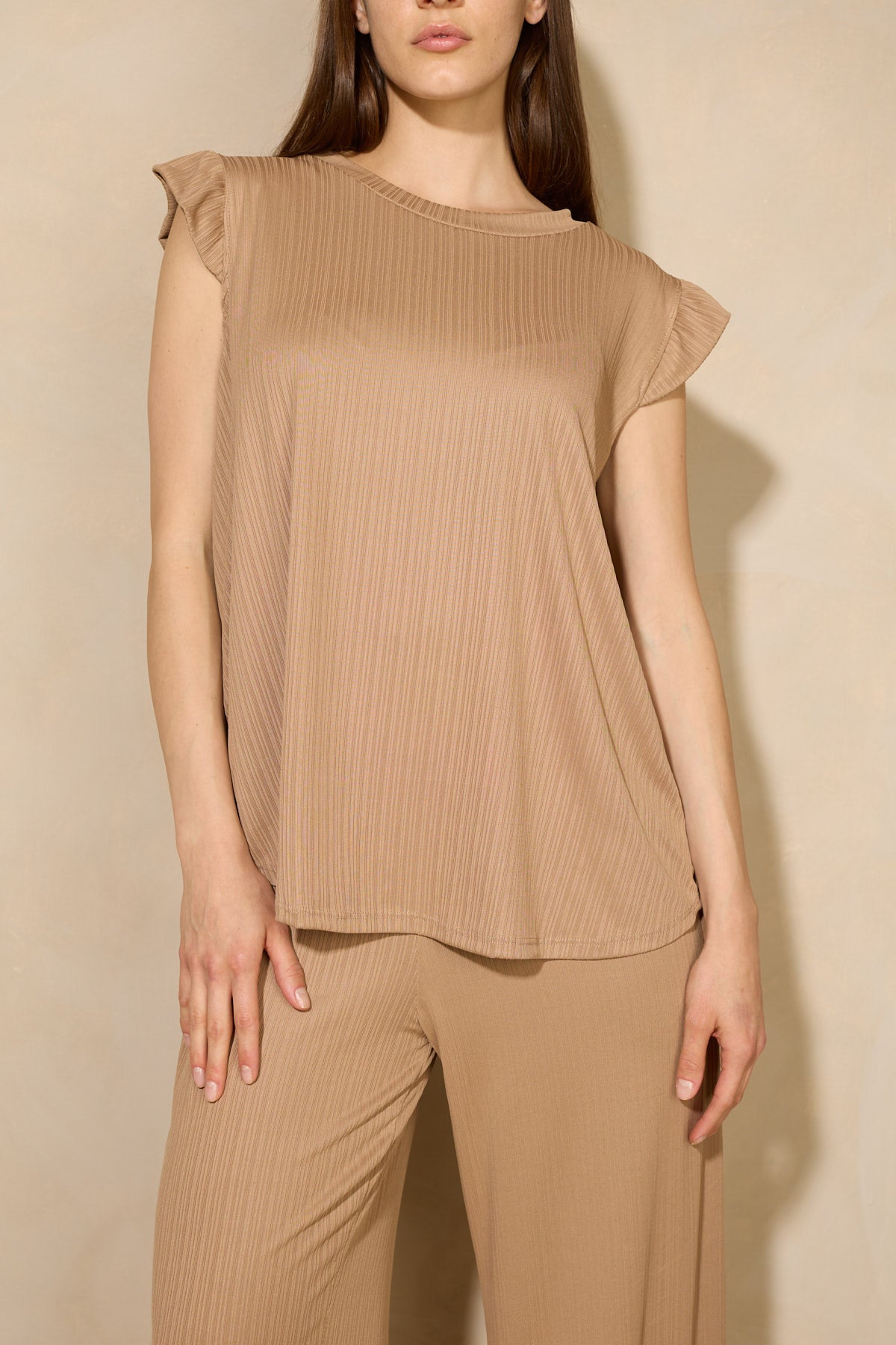 Frill shoulder ribbed co-ord in Camel