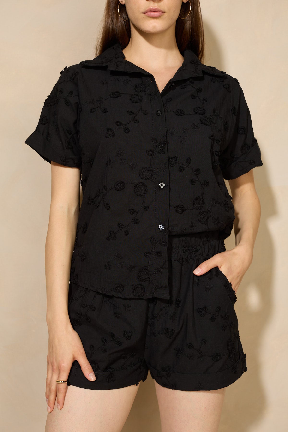 Floral design shirt short set in Black