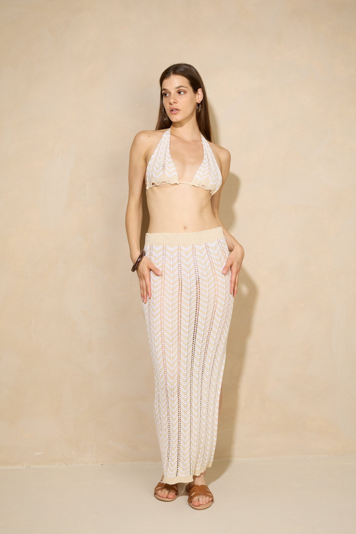 Crochet bra skirt set in Beige