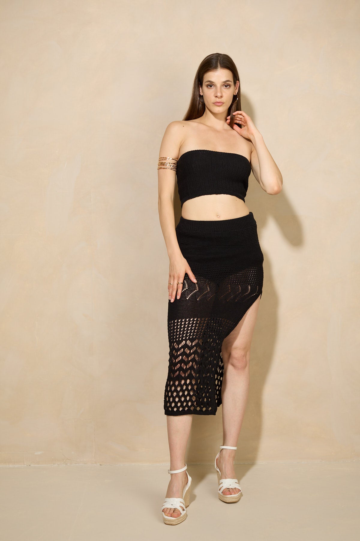 Crochet bandeu skirt set in Black