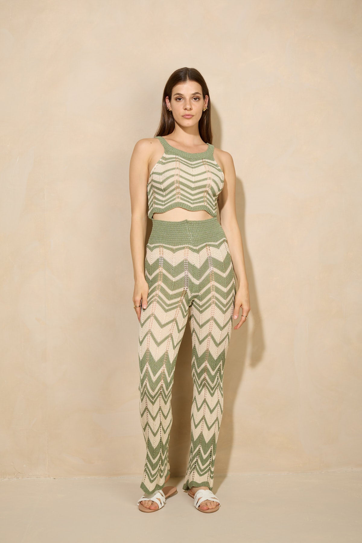 Zigzag printed crochet co-ord in Green