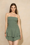 Frilly bandeau playsuit in Khaki