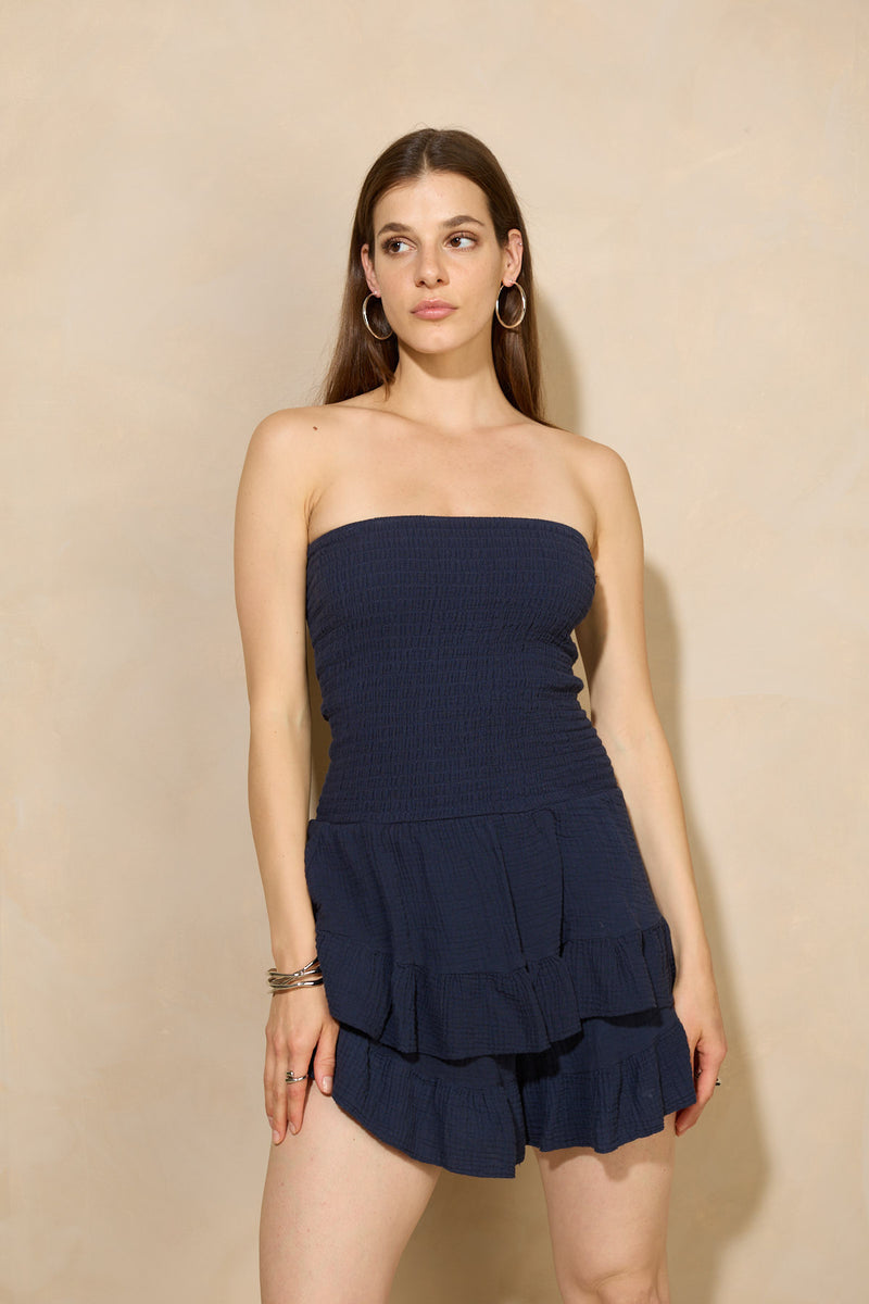 Frilly bandeau playsuit in Navy