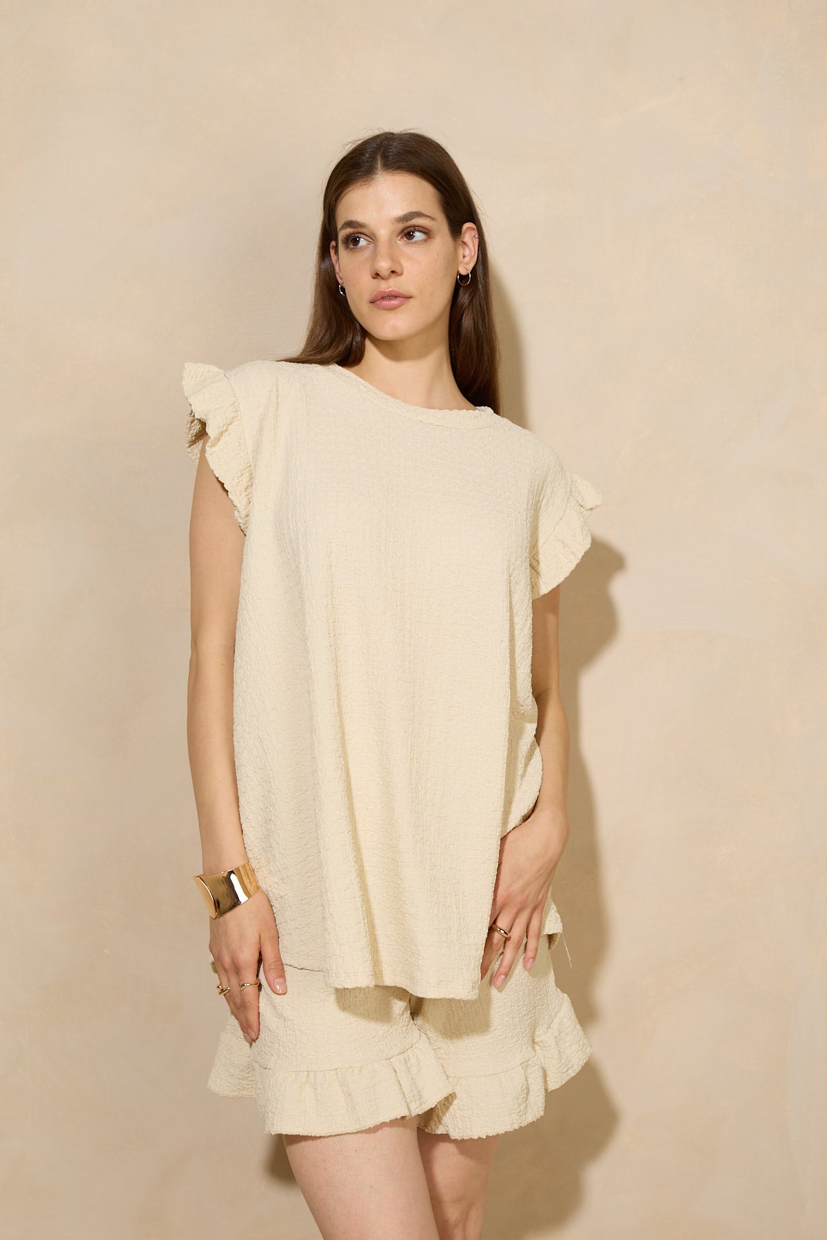 Frill shoulder textured short set in Beige