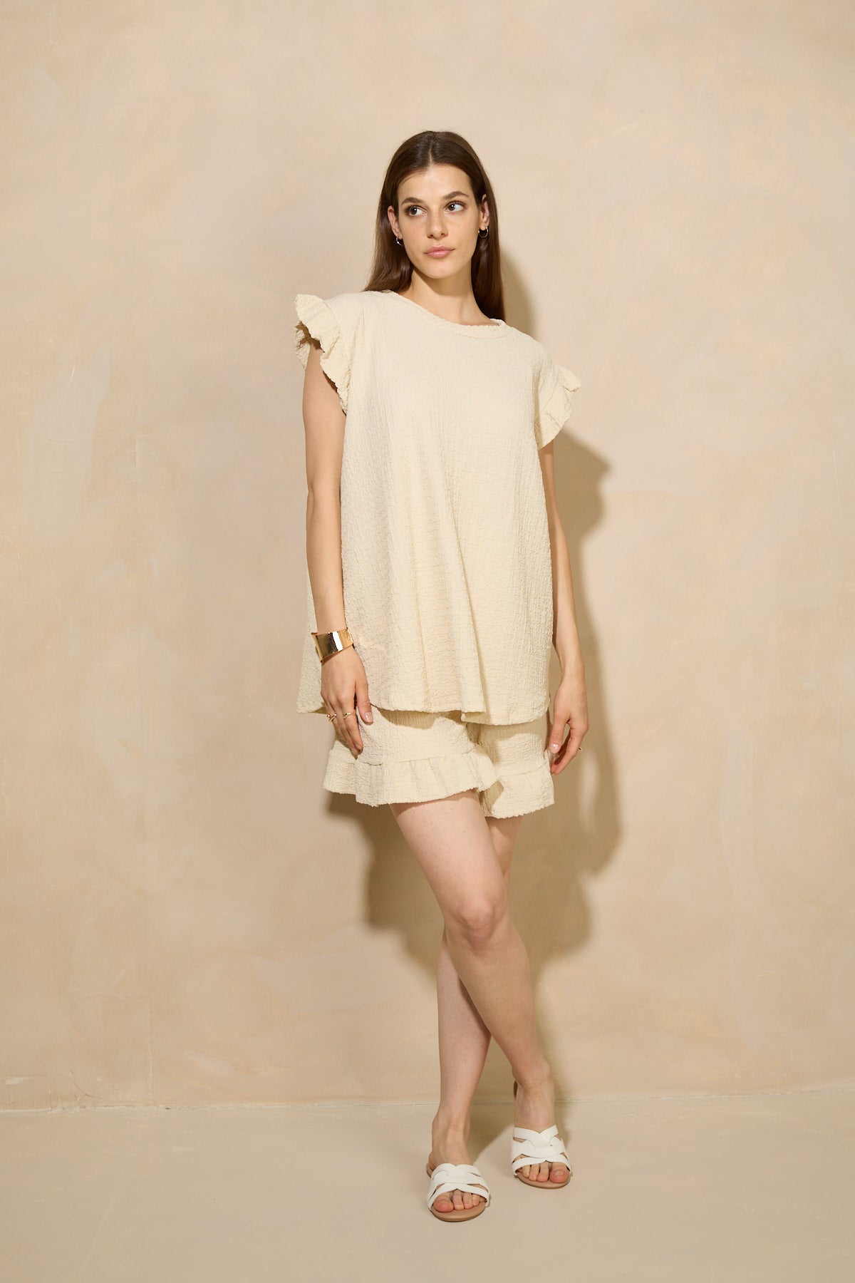 Frill shoulder textured short set in Beige