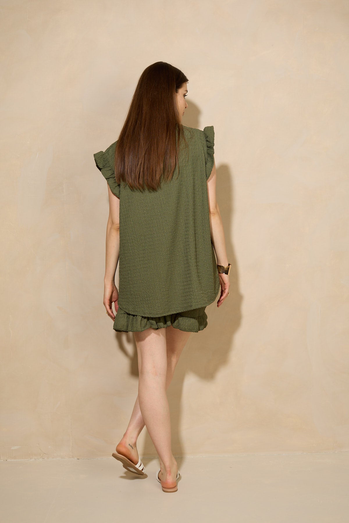 Frill shoulder textured short set in Green