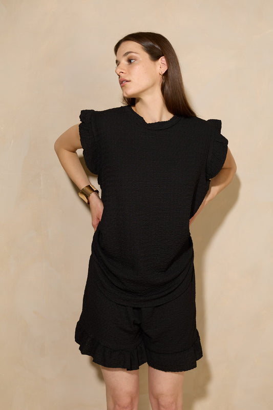 Frill shoulder textured short set in Black