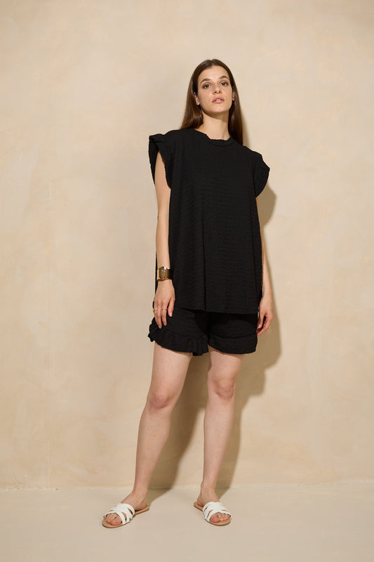 Frill shoulder textured short set in Black