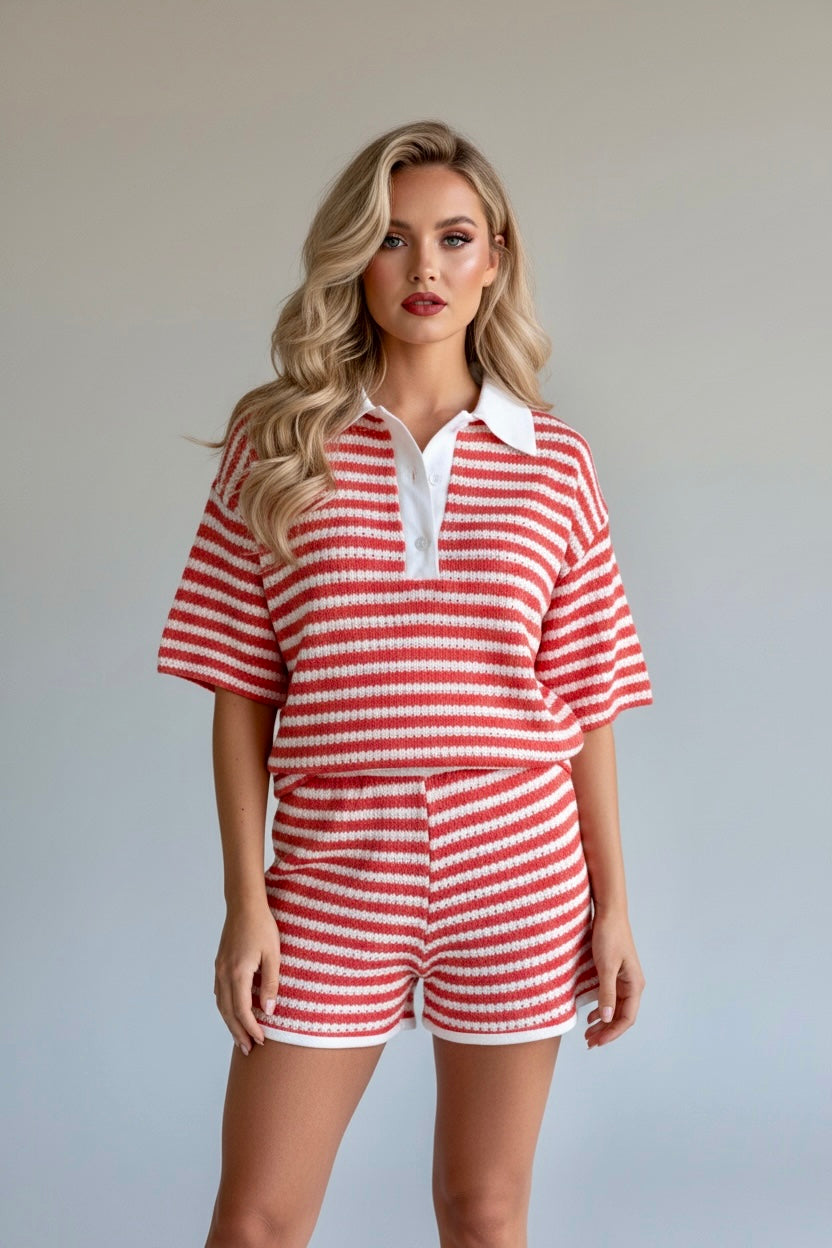 Contrast Stripe Collar Short Co-Ord Set