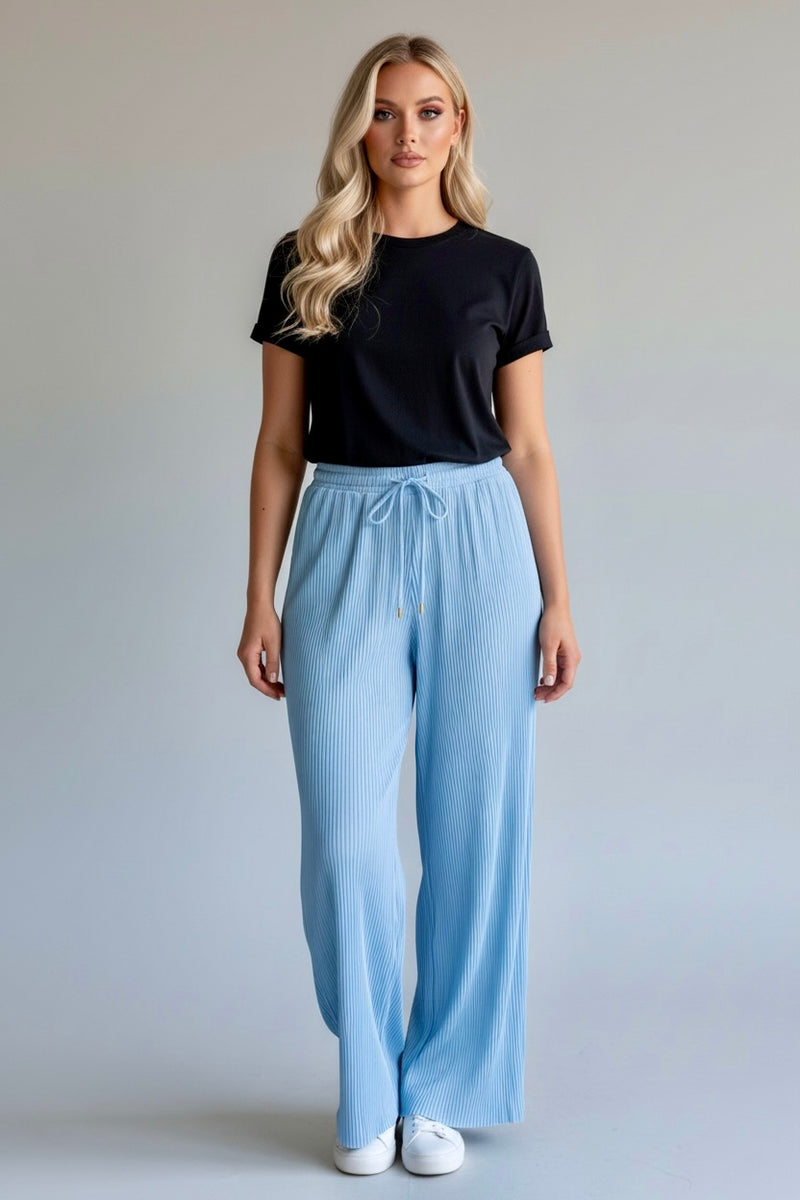 Pleated Plissé Wide Leg Trousers