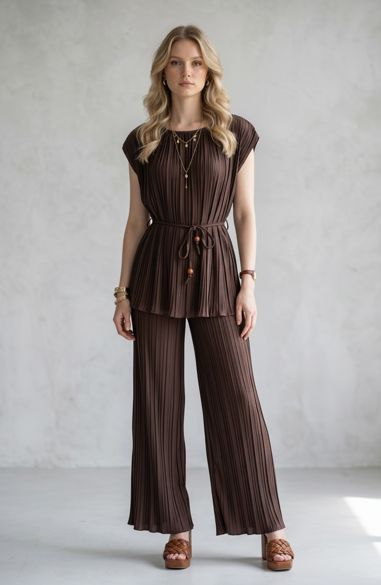 Plissé Puff Shoulder Co-Ord Set with Beaded Waist Tie