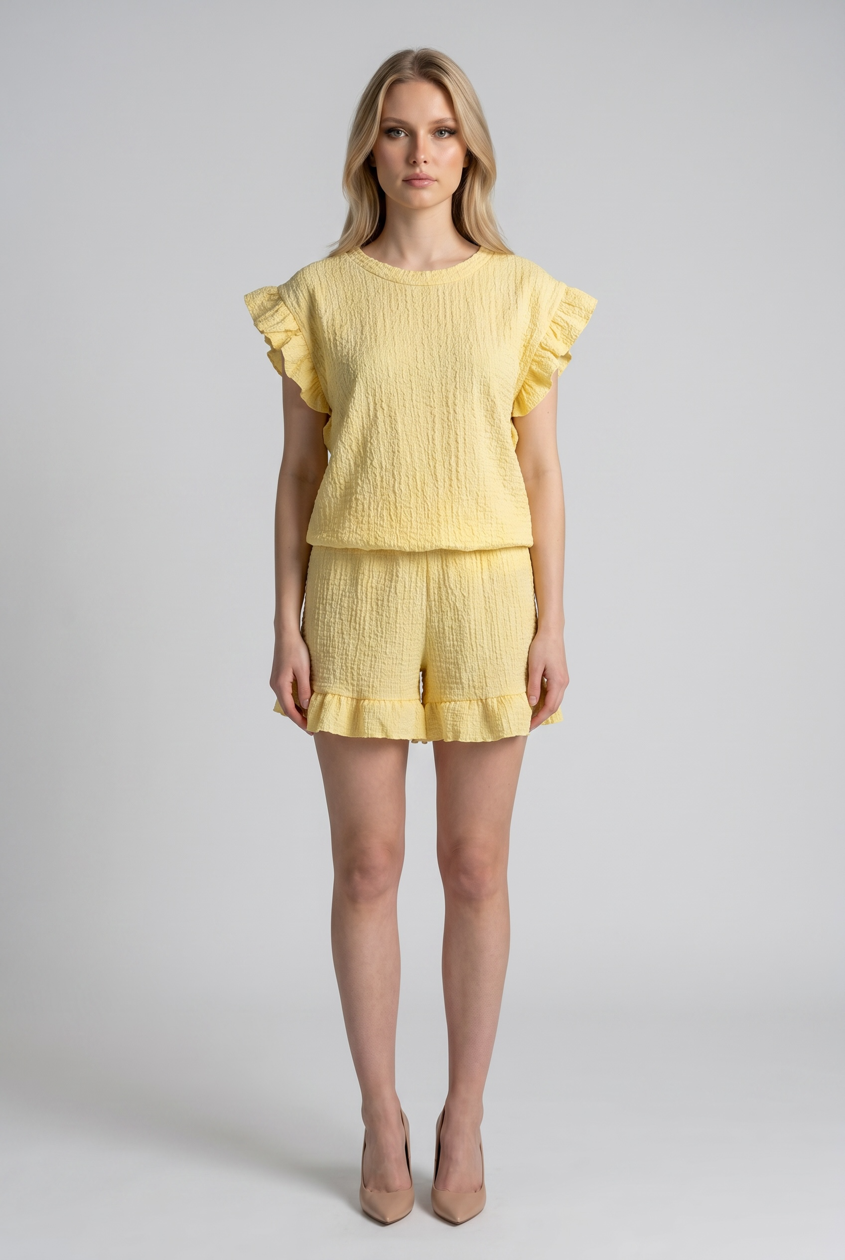 Textured Frill Shoulder Short Co-Ord Set