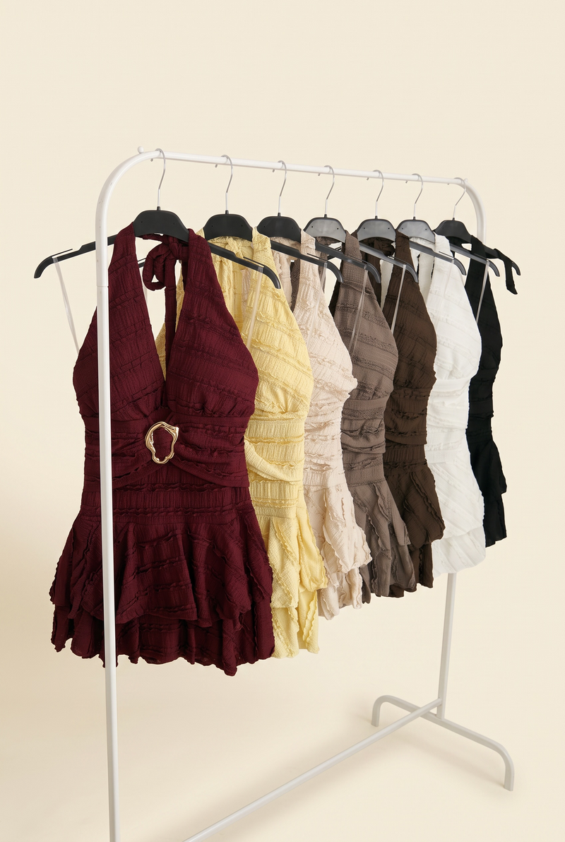 Ruffle Halterneck Buckle Detail Dress